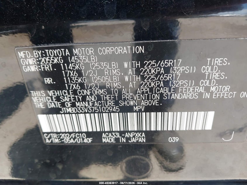 2007 Toyota Rav4 VIN JTMBD33V375102945 IAAI salvage auction — ENGINE BURN, Salvage (California), sold $1,200 on 2026-07-13 (photo 9)