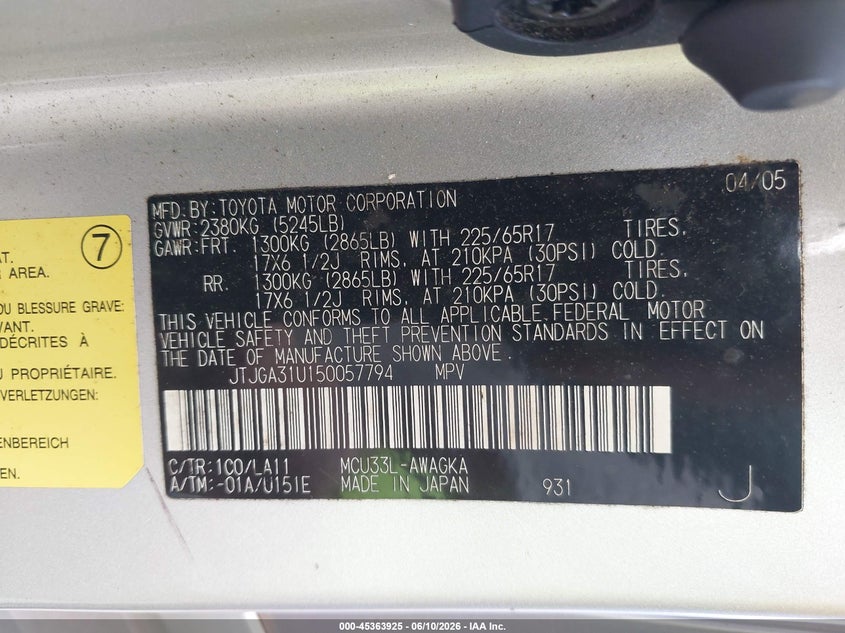 2005 Lexus Rx 330 VIN JTJGA31U150057794 IAAI salvage auction — NORMAL WEAR, Clear (Hawaii), sold $575 on 2026-07-14 (photo 9)