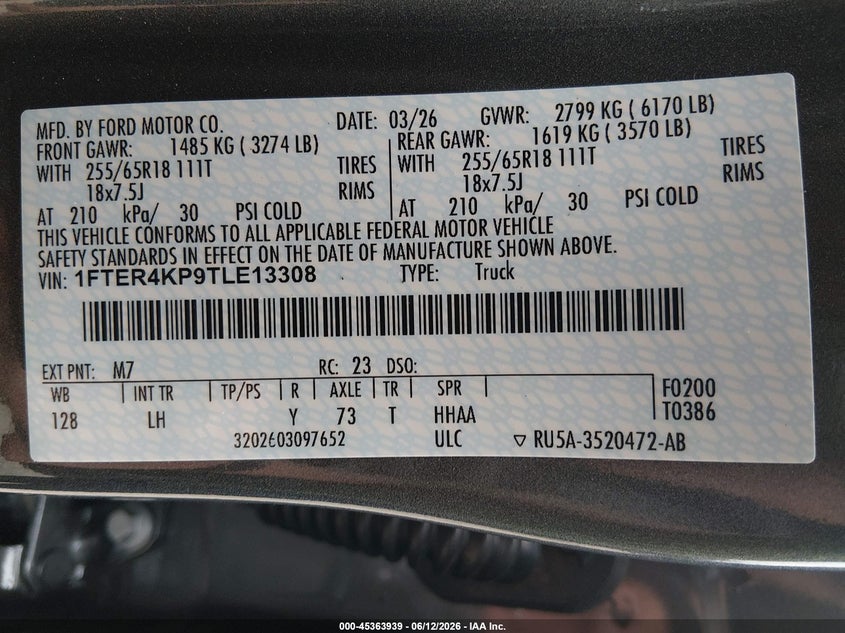 2026 Ford Ranger VIN 1FTER4KP9TLE13308 IAAI salvage auction — FRONT END, Wait Title, sold $19,250 on 2026-08-19 (photo 9)
