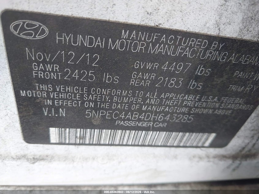 2013 Hyundai Sonata VIN 5NPEC4AB4DH643285 IAAI salvage auction — REAR END, Salvage (Georgia), sold $400 on 2026-07-22 (photo 9)
