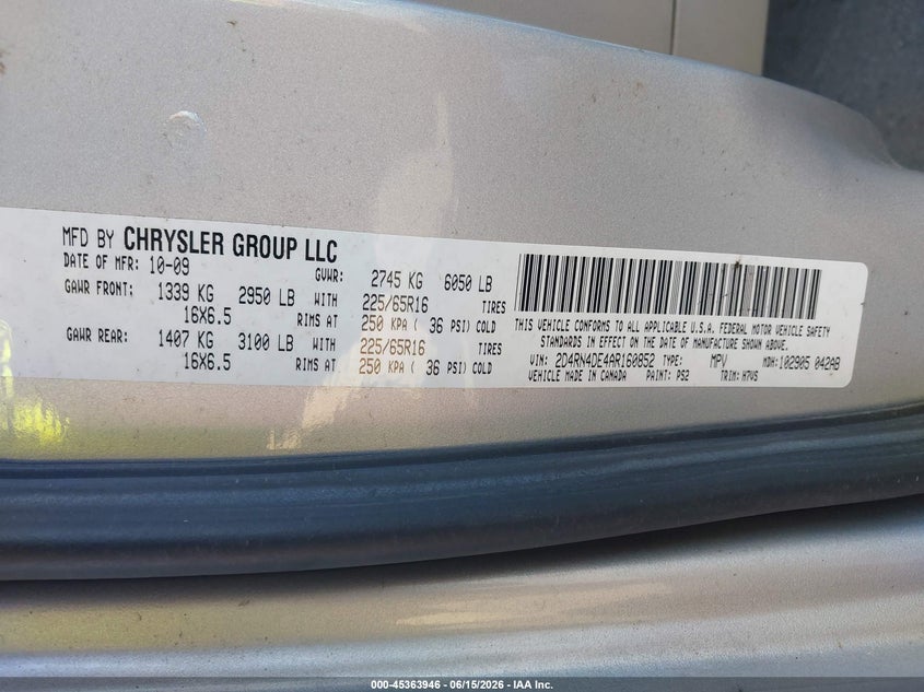 2010 Dodge Grand caravan VIN 2D4RN4DE4AR160852 IAAI salvage auction — LEFT FRONT, Enterprise Vehicles Clear Only (Oregon), sold $100 on 2026-07-08 (photo 9)