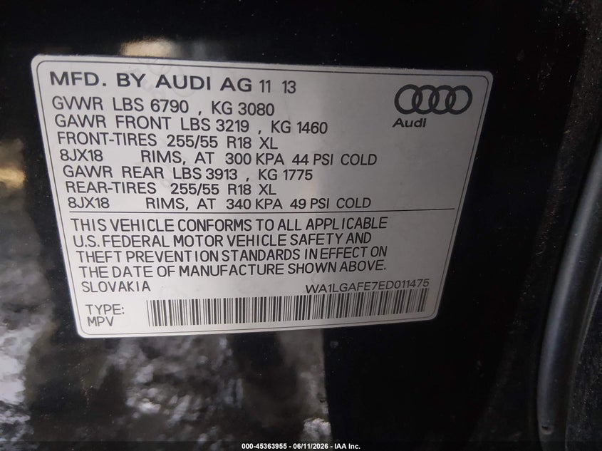 2014 Audi Q7 VIN WA1LGAFE7ED011475 IAAI salvage auction — FRONT END, Salvage Title, sold $675 on 2026-07-20 (photo 9)
