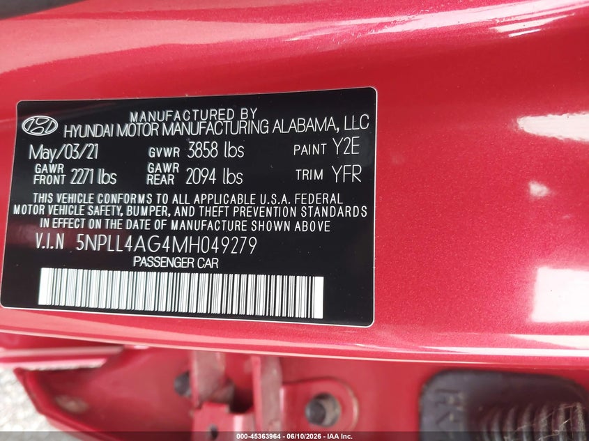 2021 Hyundai Elantra VIN 5NPLL4AG4MH049279 IAAI salvage auction — NORMAL WEAR, Sf97 (Maryland), sold $525 on 2026-07-21 (photo 9)