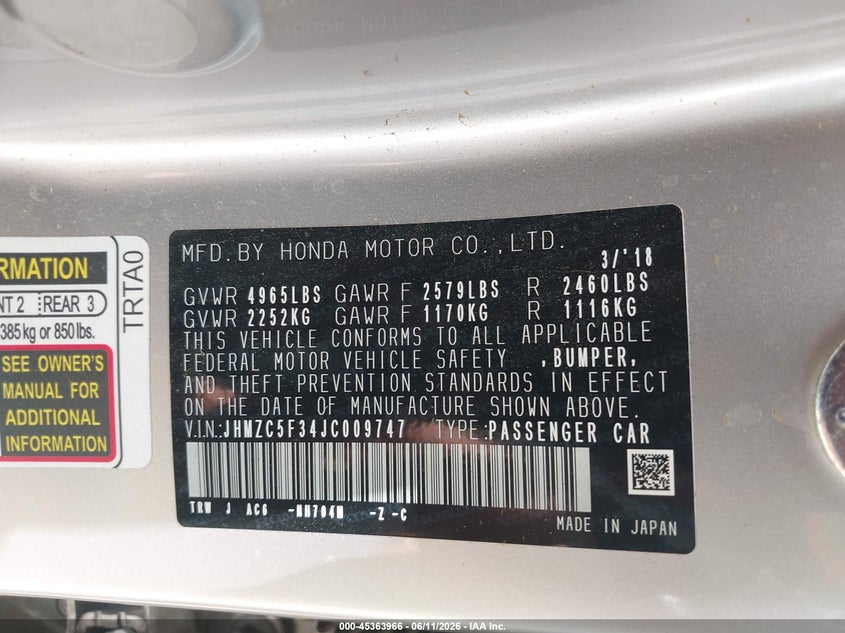 2018 Honda VIN JHMZC5F34JC009747 IAAI salvage auction — FRONT END, Original (Texas), sold $4,050 on 2026-07-23 (photo 9)