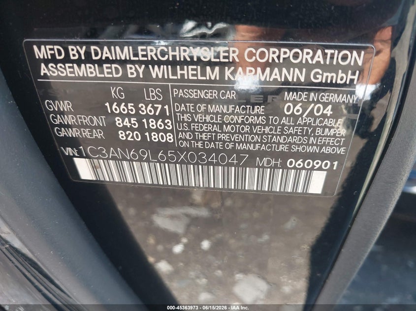 2005 Chrysler Crossfire VIN 1C3AN69L65X034047 IAAI salvage auction — NORMAL WEAR, Clear (New York), sold $1,150 on 2026-08-01 (photo 9)