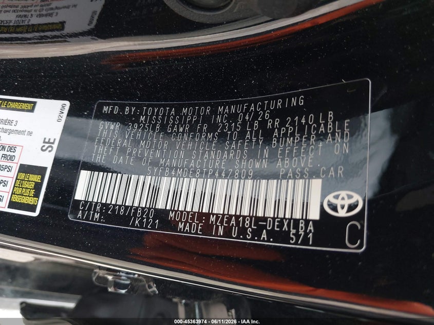 2026 Toyota Corolla VIN 5YFB4MDE8TP447809 IAAI salvage auction — FRONT END, Salvage Title, sold $6,300 on 2026-07-24 (photo 9)