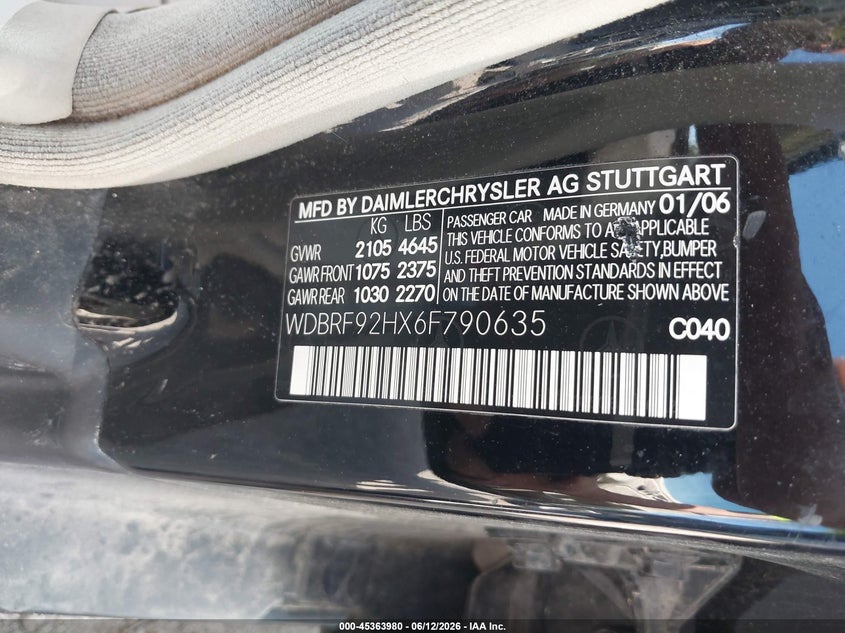 2006 Mercedes-benz C class VIN WDBRF92HX6F790635 IAAI salvage auction — FRONT END, Salvage (Ohio), sold $400 on 2026-07-21 (photo 9)