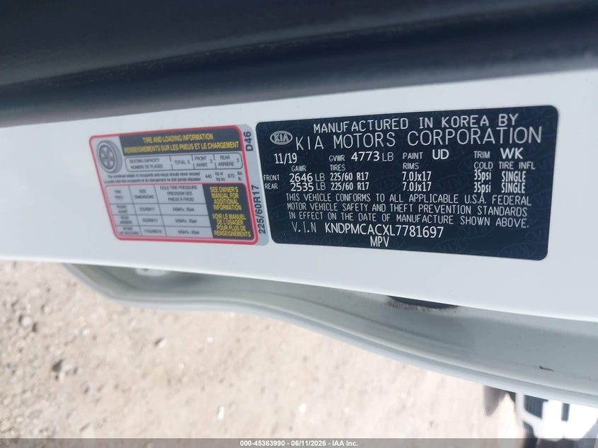 2020 Kia Sportage VIN KNDPMCACXL7781697 IAAI salvage auction — RIGHT SIDE, Salvage Title, sold $3,200 on 2026-07-31 (photo 9)