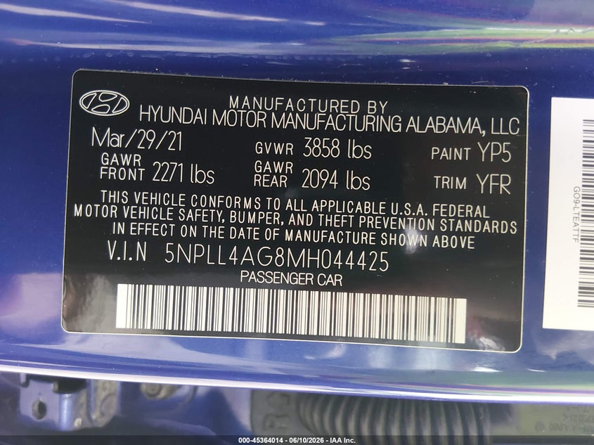 2021 Hyundai Elantra VIN 5NPLL4AG8MH044425 IAAI salvage auction — NORMAL WEAR, Sf97 (Maryland), sold $525 on 2026-07-21 (photo 9)