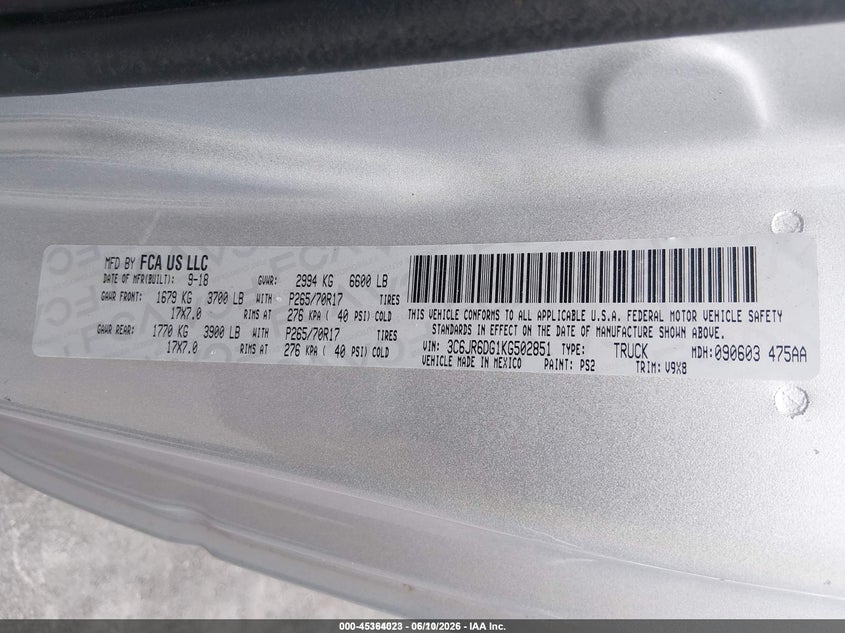 2019 Ram 1500 VIN 3C6JR6DG1KG502851 IAAI salvage auction — NORMAL WEAR, SF97 (Illinois), sold $13,100 on 2026-07-09 (photo 9)