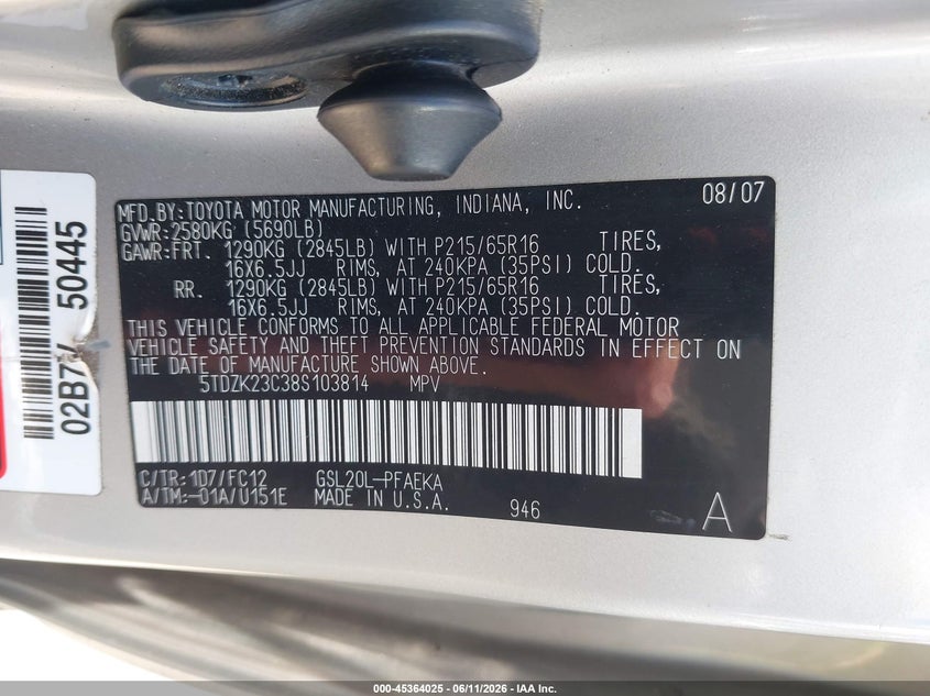 2008 Toyota Sienna VIN 5TDZK23C38S103814 IAAI salvage auction — FRONT & REAR, Salvage (Texas), sold $725 on 2026-07-30 (photo 9)