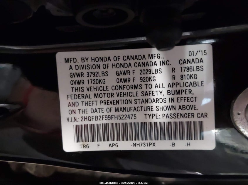 2015 Honda Civic VIN 2HGFB2F99FH522475 IAAI salvage auction — FRONT END, Salvage (Maine), sold $2,100 on 2026-07-20 (photo 9)