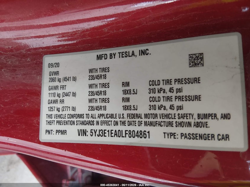 2020 Tesla Model 3 VIN 5YJ3E1EA0LF804861 IAAI salvage auction — HAIL, Clear (Missouri), sold $7,650 on 2026-07-30 (photo 9)
