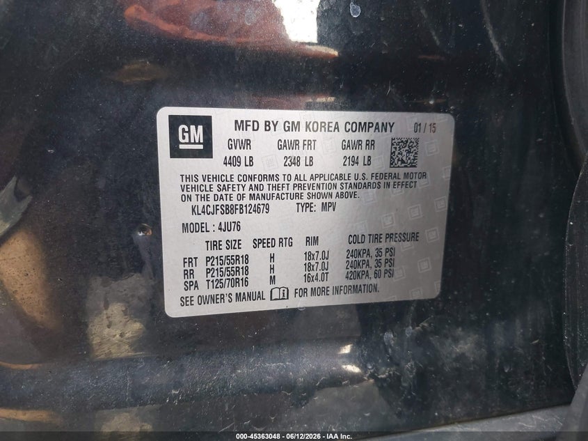 2015 Buick Encore VIN KL4CJFSB8FB124679 IAAI salvage auction — RIGHT FRONT, Salvage Title, sold $475 on 2026-07-24 (photo 9)