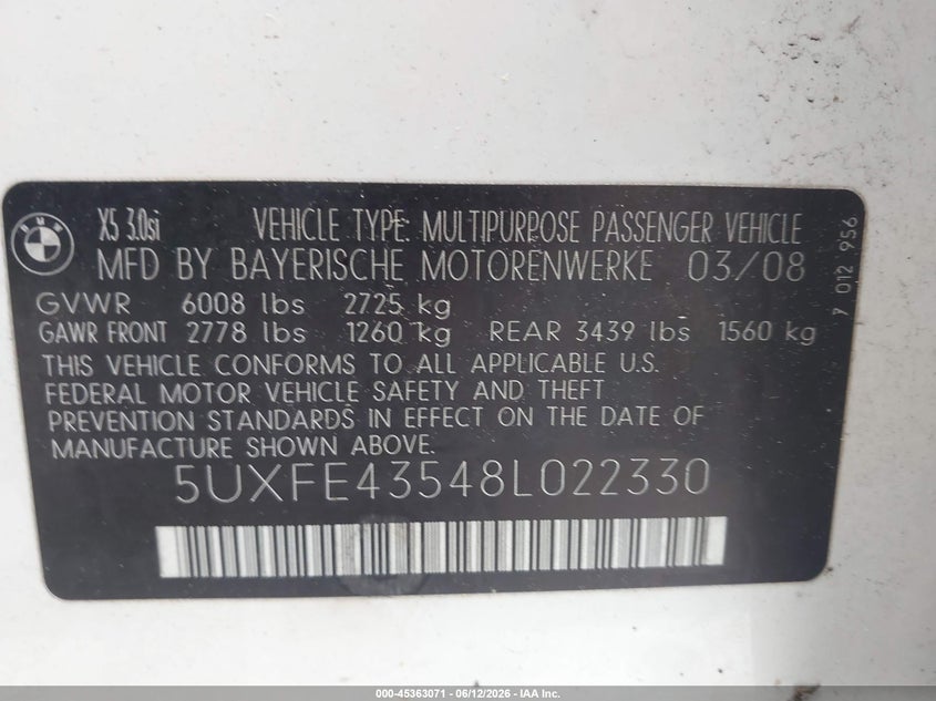 2008 BMW X5 VIN 5UXFE43548L022330 IAAI salvage auction — FRONT END, Clear (Massachusetts), sold $425 on 2026-07-18 (photo 9)
