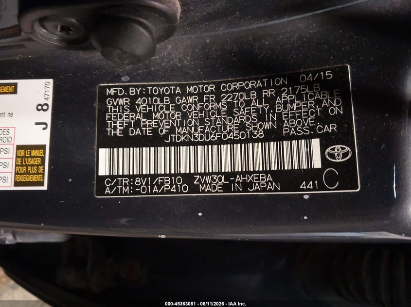 2015 Toyota Prius VIN JTDKN3DU6F0450138 IAAI salvage auction — HAIL, Salvage (Illinois), sold $475 on 2026-07-29 (photo 9)