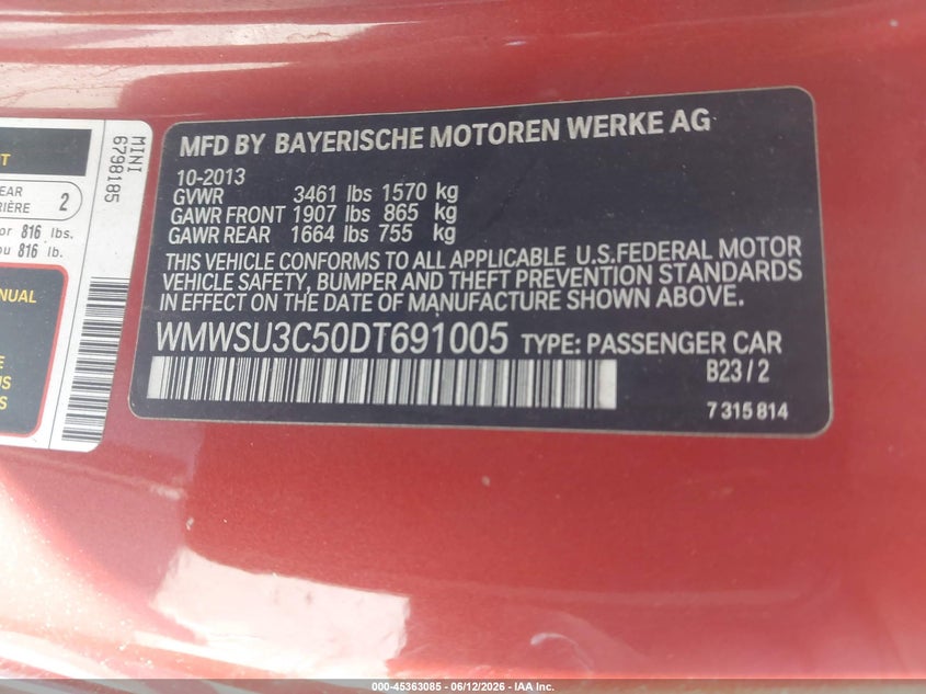 2013 Mini Hard top VIN WMWSU3C50DT691005 IAAI salvage auction — FRONT END, Salvage (North Carolina), sold $700 on 2026-08-19 (photo 9)