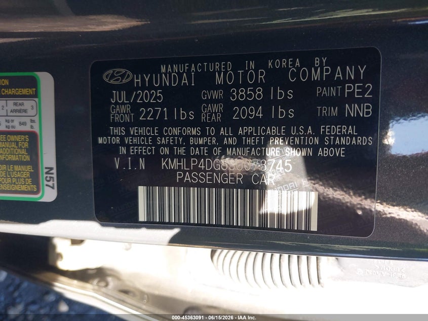 2025 Hyundai Elantra VIN KMHLP4DG8SU073745 IAAI salvage auction — REAR END, Mv-907A (New York), sold $5,500 on 2026-07-28 (photo 9)