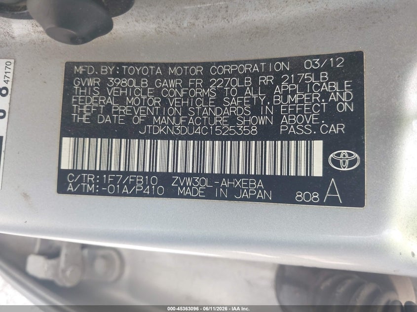 2012 Toyota Prius VIN JTDKN3DU4C1525358 IAAI salvage auction — NORMAL WEAR, Original (Texas), sold $1,550 on 2026-07-20 (photo 9)
