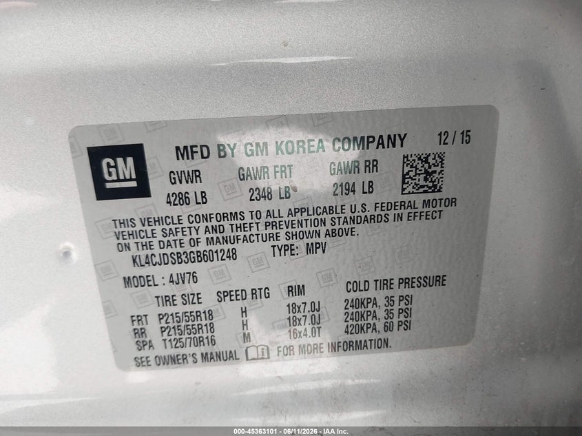 2016 Buick Encore VIN KL4CJDSB3GB601248 IAAI salvage auction — FRONT & REAR, Salvage (California), sold $600 on 2026-07-08 (photo 9)