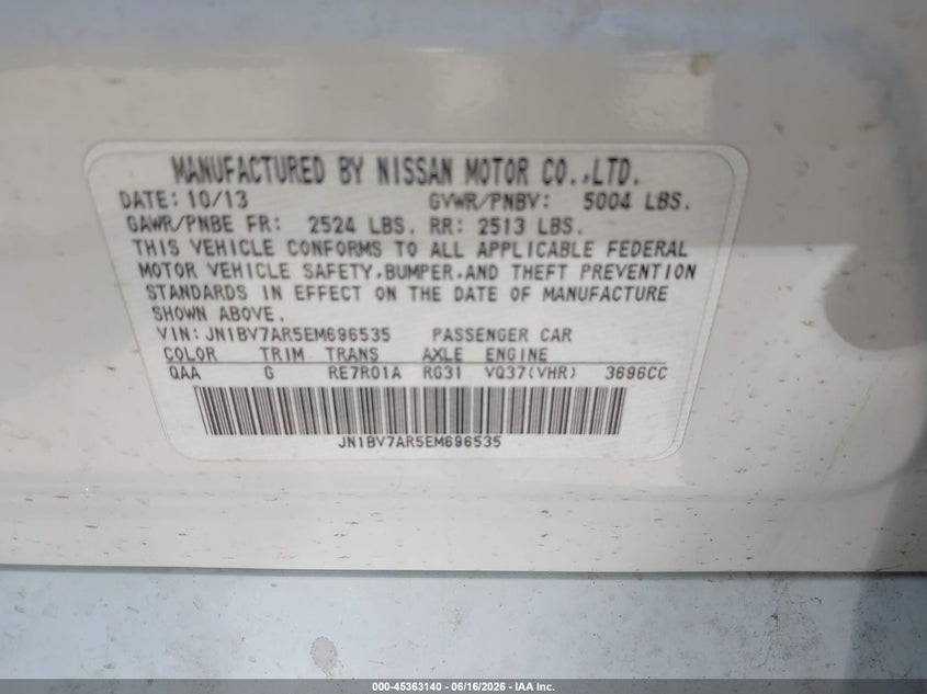 2014 Infiniti Q50 VIN JN1BV7AR5EM696535 IAAI salvage auction — REAR END, Bill Of Sale (Washington), sold $3,250 on 2026-07-14 (photo 9)