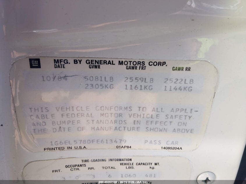 1985 Cadillac Eldorado VIN 1G6EL5780FE613479 IAAI salvage auction — NORMAL WEAR, Clear (Tennessee), sold $3,850 on 2026-07-08 (photo 9)