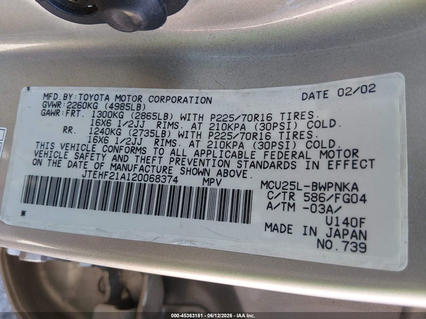 2002 Toyota Highlander VIN JTEHF21A120068374 IAAI salvage auction — FRONT END, Clear (Colorado), sold $500 on 2026-07-14 (photo 9)