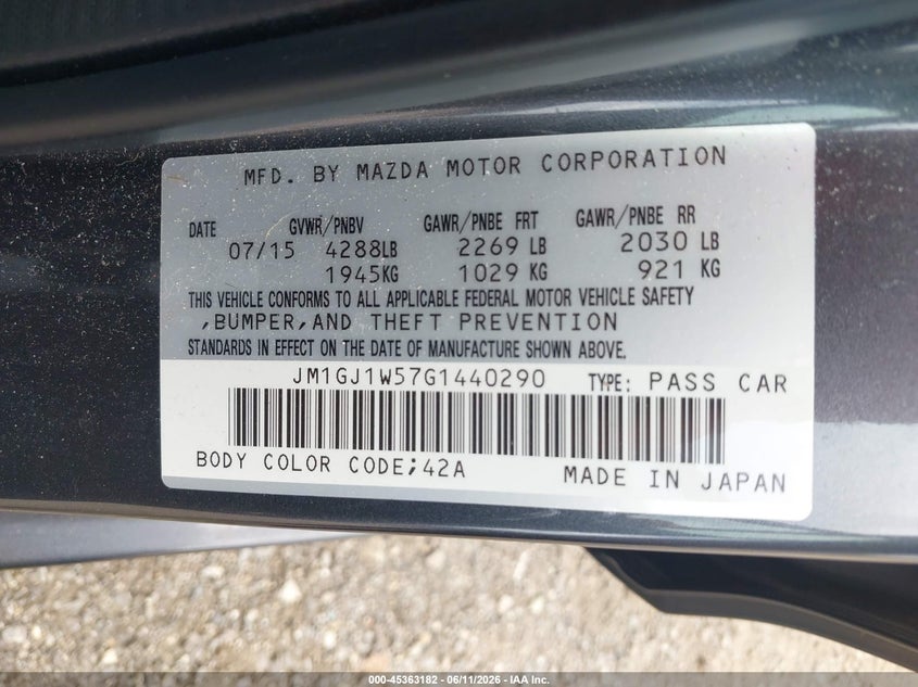 2016 Mazda VIN JM1GJ1W57G1440290 IAAI salvage auction — SIDE, Salvage Title, sold $1,350 on 2026-07-17 (photo 9)