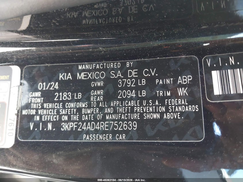 2024 Kia Forte VIN 3KPF24AD4RE752639 IAAI salvage auction — REAR END, Salvage Title, sold $3,800 on 2026-07-27 (photo 9)