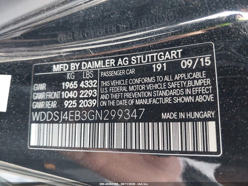 2016 Mercedes-benz Cla-klasse VIN WDDSJ4EB3GN299347 IAAI salvage auction — FRONT END, Salvage (New Jersey), sold $4,600 on 2026-07-17 (photo 9)