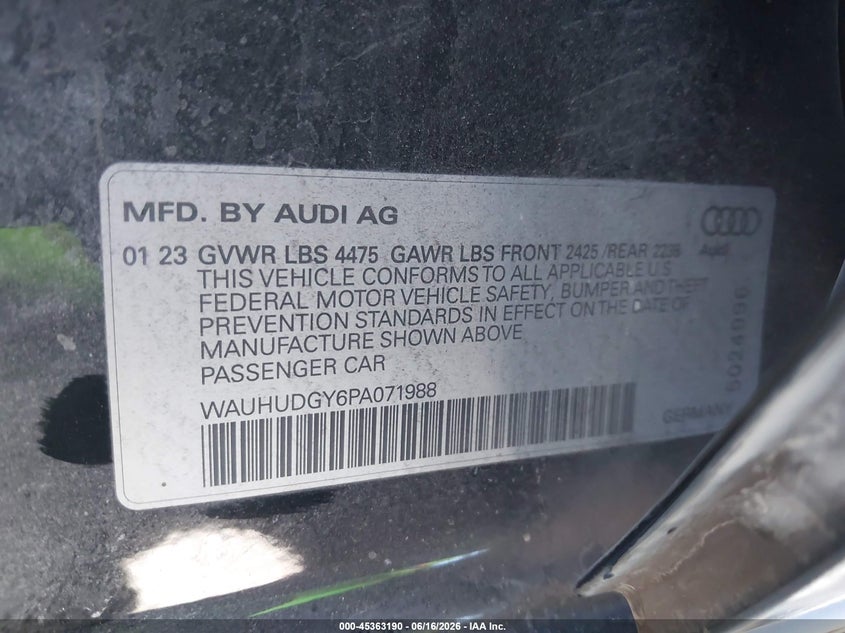 2023 Audi A3 VIN WAUHUDGY6PA071988 IAAI salvage auction — LEFT FRONT, Salvage (California), sold $6,600 on 2026-07-28 (photo 9)