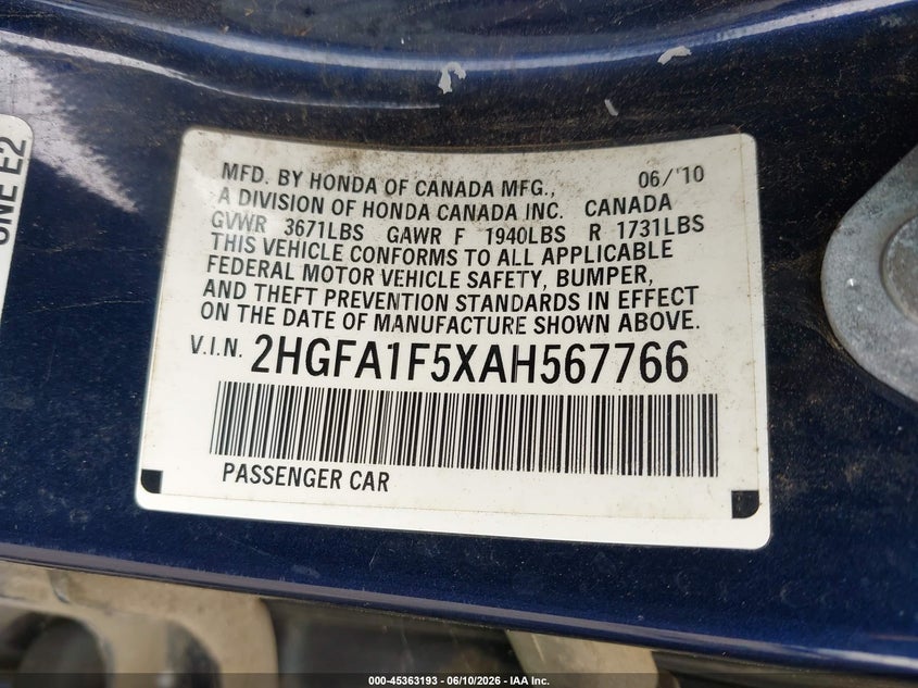 2010 Honda Civic VIN 2HGFA1F5XAH567766 IAAI salvage auction — NORMAL WEAR, Clear-Dealer Only (Washington), sold $200 on 2026-07-09 (photo 9)