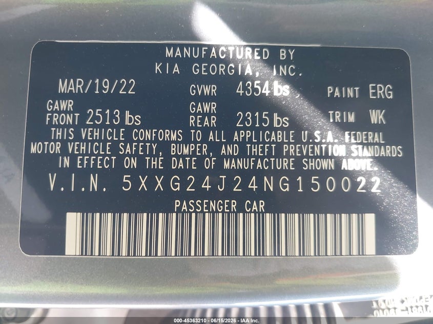 2022 Kia K5 VIN 5XXG24J24NG150022 IAAI salvage auction — LEFT REAR, Salvage Title, sold $3,400 on 2026-08-02 (photo 9)