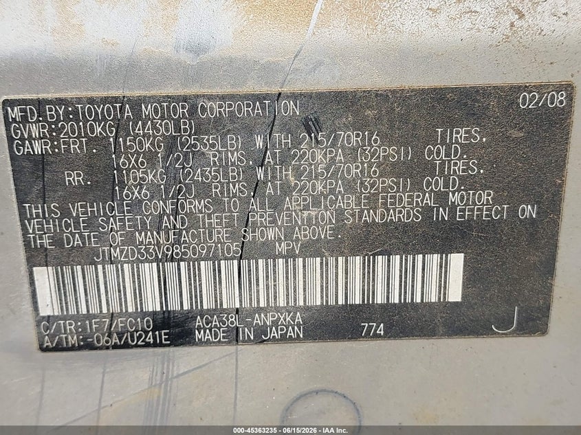 2008 Toyota Rav4 VIN JTMZD33V985097105 IAAI salvage auction — SIDE, Salvage (Mississippi), sold $825 on 2026-07-16 (photo 9)