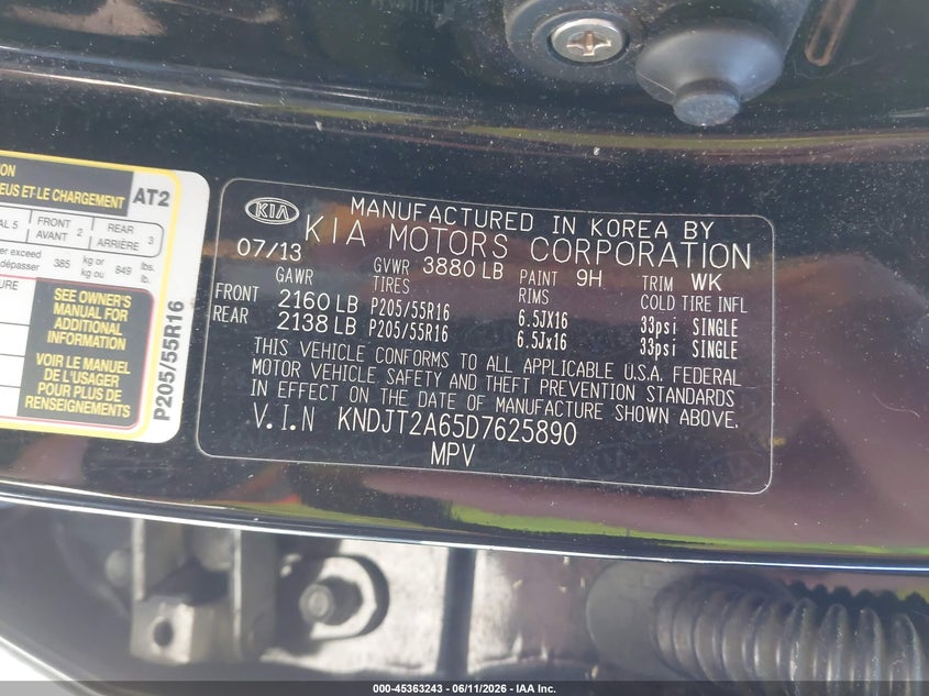 2013 Kia Soul VIN KNDJT2A65D7625890 IAAI salvage auction — REAR END, Bill Of Sale (Washington), sold $475 on 2026-07-08 (photo 9)