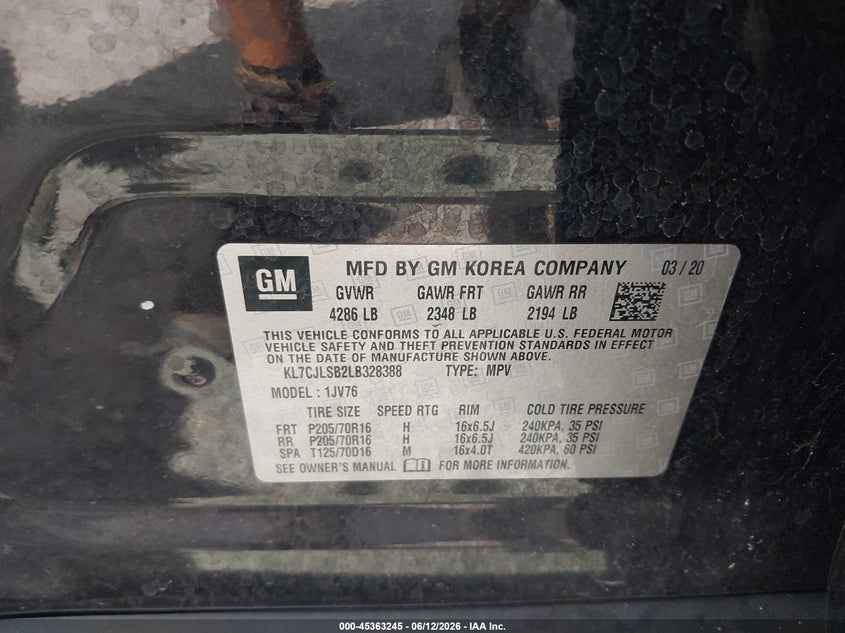 2020 Chevrolet Trax VIN KL7CJLSB2LB328388 IAAI salvage auction — FRONT END, Certificate Of Destruction (Florida), sold $1,500 on 2026-07-14 (photo 9)