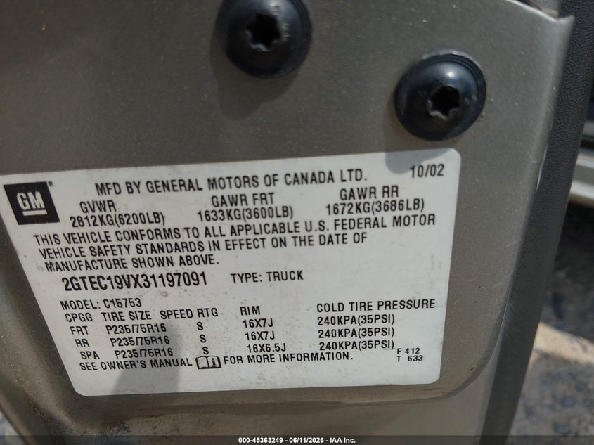 2003 Gmc Sierra 1500 VIN 2GTEC19VX31197091 IAAI salvage auction — FRONT END, Salvage (North Carolina), sold $1,050 on 2026-07-09 (photo 9)