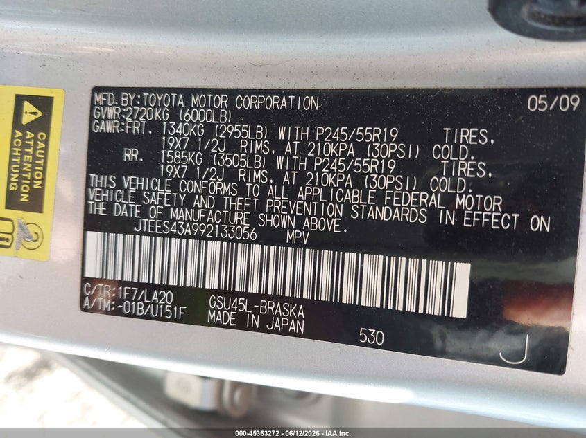 2009 Toyota Highlander VIN JTEES43A992133056 IAAI salvage auction — REAR END, Salvage - Greater Than 75% (Maryland), sold $2,950 on 2026-07-29 (photo 9)