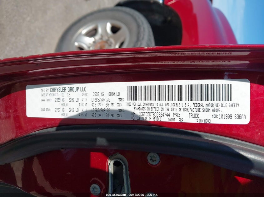 2012 Ram 2500 VIN 3C6TD5DT8CG324744 IAAI salvage auction — HAIL, Salvage Title, sold $3,550 on 2026-07-24 (photo 9)