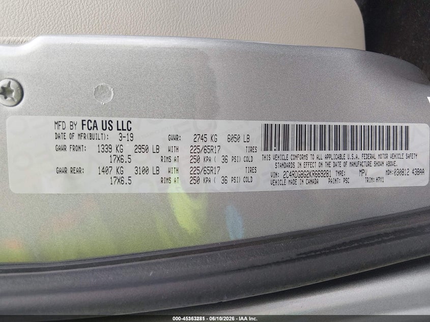 2019 Dodge Grand caravan VIN 2C4RDGBG2KR669281 IAAI salvage auction — NORMAL WEAR, SF97 (Illinois), sold $7,200 on 2026-07-09 (photo 9)