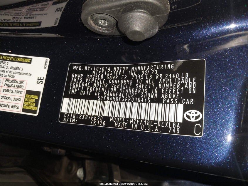 2023 Toyota Corolla VIN 5YFB4MDE3PP016445 IAAI salvage auction — FRONT END, Salvage (Arizona), sold $6,075 on 2026-07-19 (photo 9)