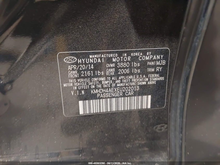 2014 Hyundai Elantra VIN KMHDH4AEXEU202013 IAAI salvage auction — FRONT END, Salvage (North Carolina), sold $550 on 2026-07-09 (photo 9)