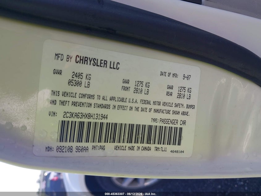 2008 Chrysler 300c VIN 2C3KA63HX8H131944 IAAI salvage auction — NORMAL WEAR, Clear (Delaware), sold $600 on 2026-07-06 (photo 9)