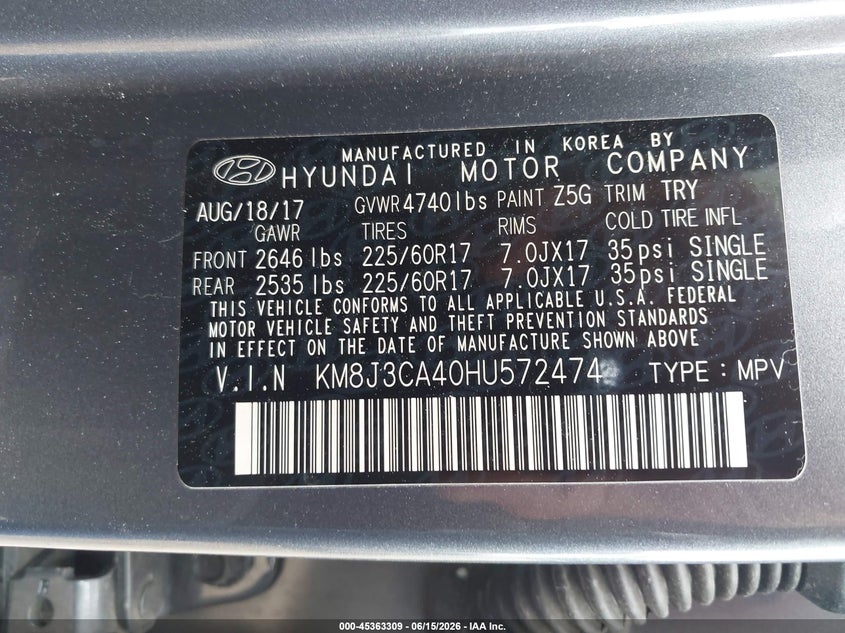 2017 Hyundai Tucson VIN KM8J3CA40HU572474 IAAI salvage auction — FRONT END, Salvage (Massachusetts), sold $2,000 on 2026-07-24 (photo 9)