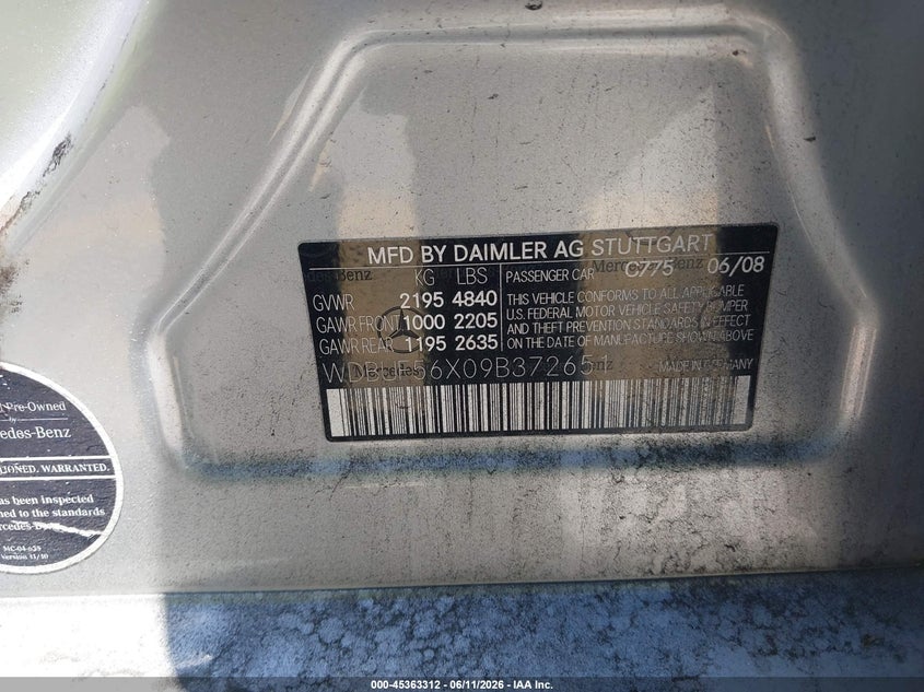 2009 Mercedes-benz E-klasse VIN WDBUF56X09B372651 IAAI salvage auction — FRONT END, Salvage (California), sold $375 on 2026-07-06 (photo 9)
