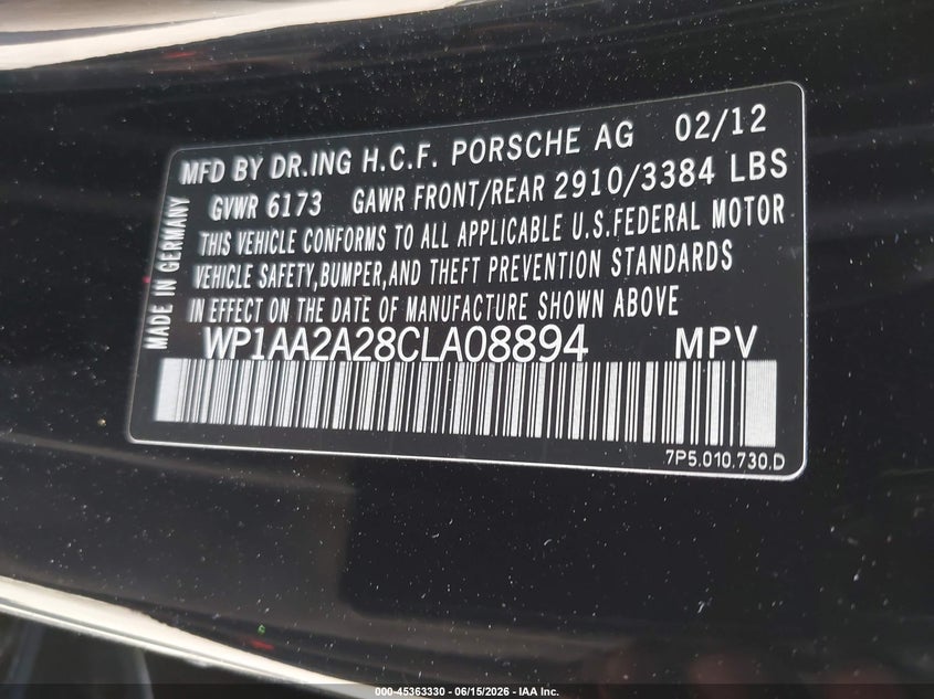 2012 Porsche Cayenne VIN WP1AA2A28CLA08894 IAAI salvage auction — WATER/FLOOD, Salvage - Greater Than 75% (Maryland), sold $2,450 on 2026-08-05 (photo 9)