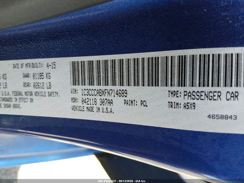 2015 Chrysler 200 VIN 1C3CCCABXFN714689 IAAI salvage auction — STORM DAMAGE, Salvage Title, sold $1,150 on 2026-07-24 (photo 9)