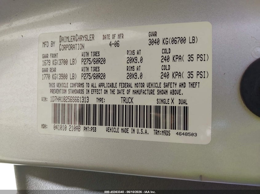 2006 Dodge Ram VIN 1D7HA18256S661313 IAAI salvage auction — NORMAL WEAR, Clear - Dealer Only (California), sold $975 on 2026-07-09 (photo 9)