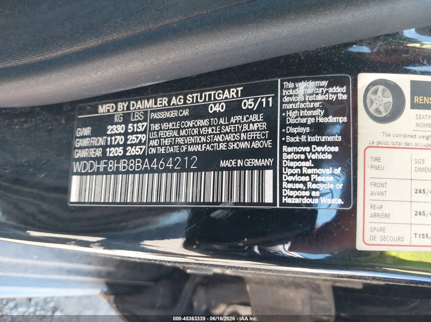 2011 Mercedes-benz E-class VIN WDDHF8HB8BA464212 IAAI salvage auction — FRONT END, Mv-907A (New York), sold $550 on 2026-07-07 (photo 9)