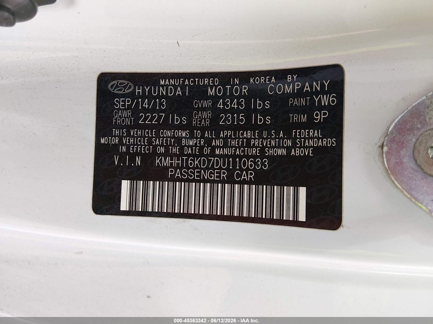 2013 Hyundai Genesis VIN KMHHT6KD7DU110633 IAAI salvage auction — NORMAL WEAR, Clear-Dealer Only (Arizona), sold $375 on 2026-07-21 (photo 9)